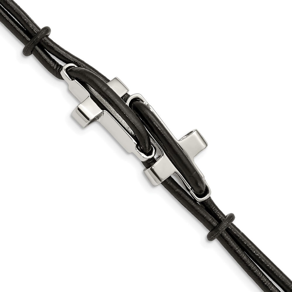 Chisel Stainless Steel Polished Sideways Crosses 2 Strand Black Leather 8.25 inch Bracelet, 8.25 x 17 mm