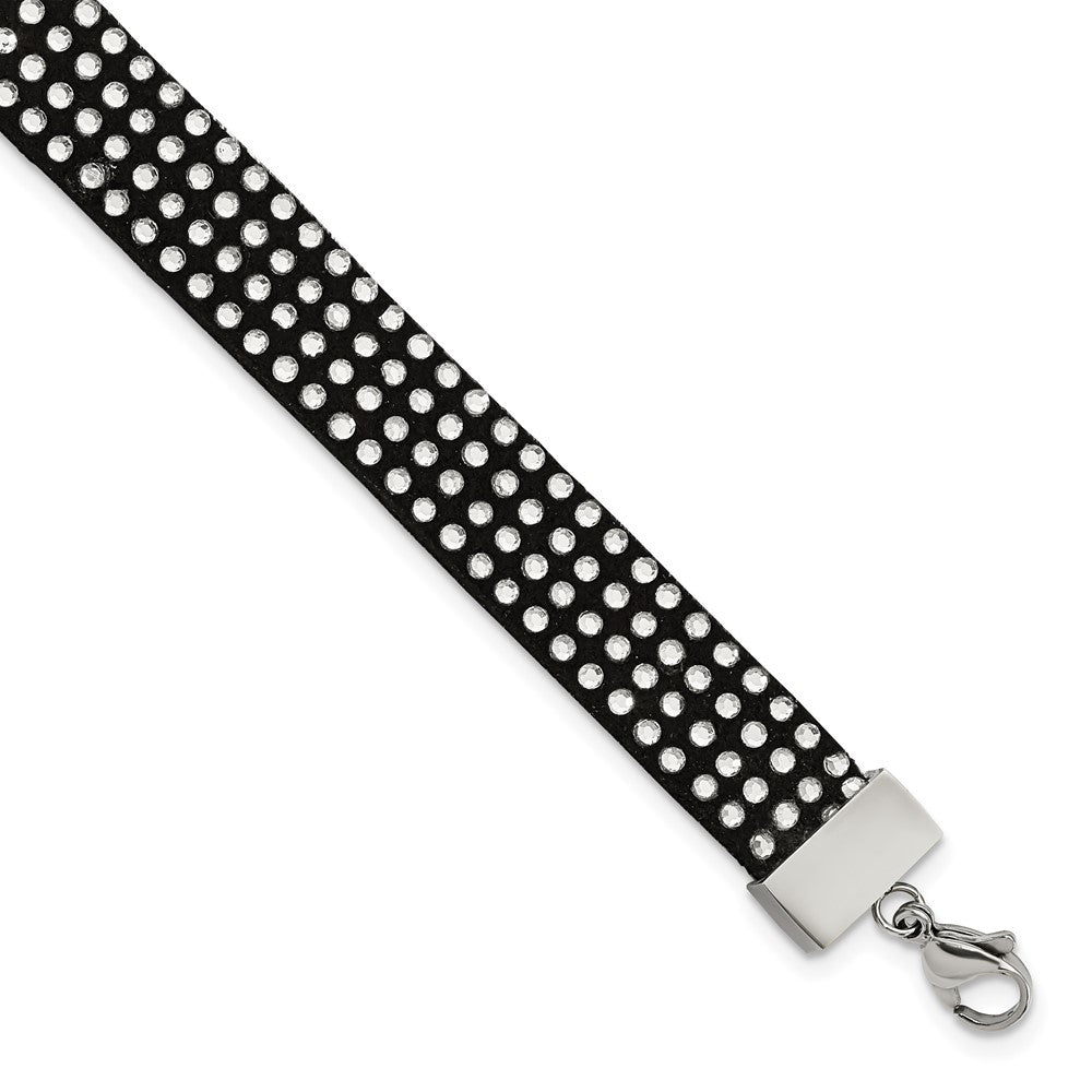 Stainless Steel Polished Black Leather w/Crystals w/1.75in ext Bracelet, 7.25 x 11.67 mm