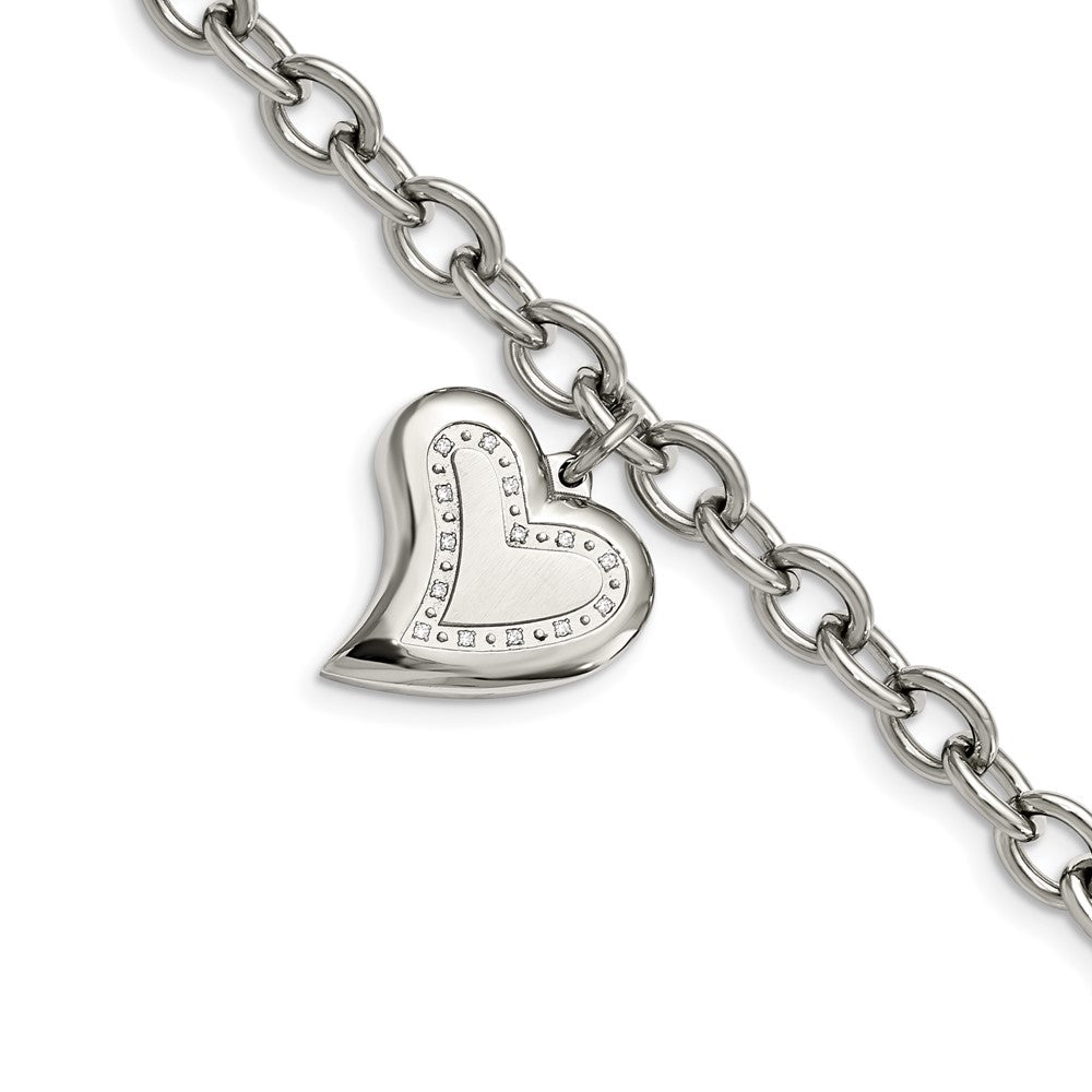 Chisel Stainless Steel Polished with CZ Heart Charm 7.5 inch Bracelet, 7.5 mm