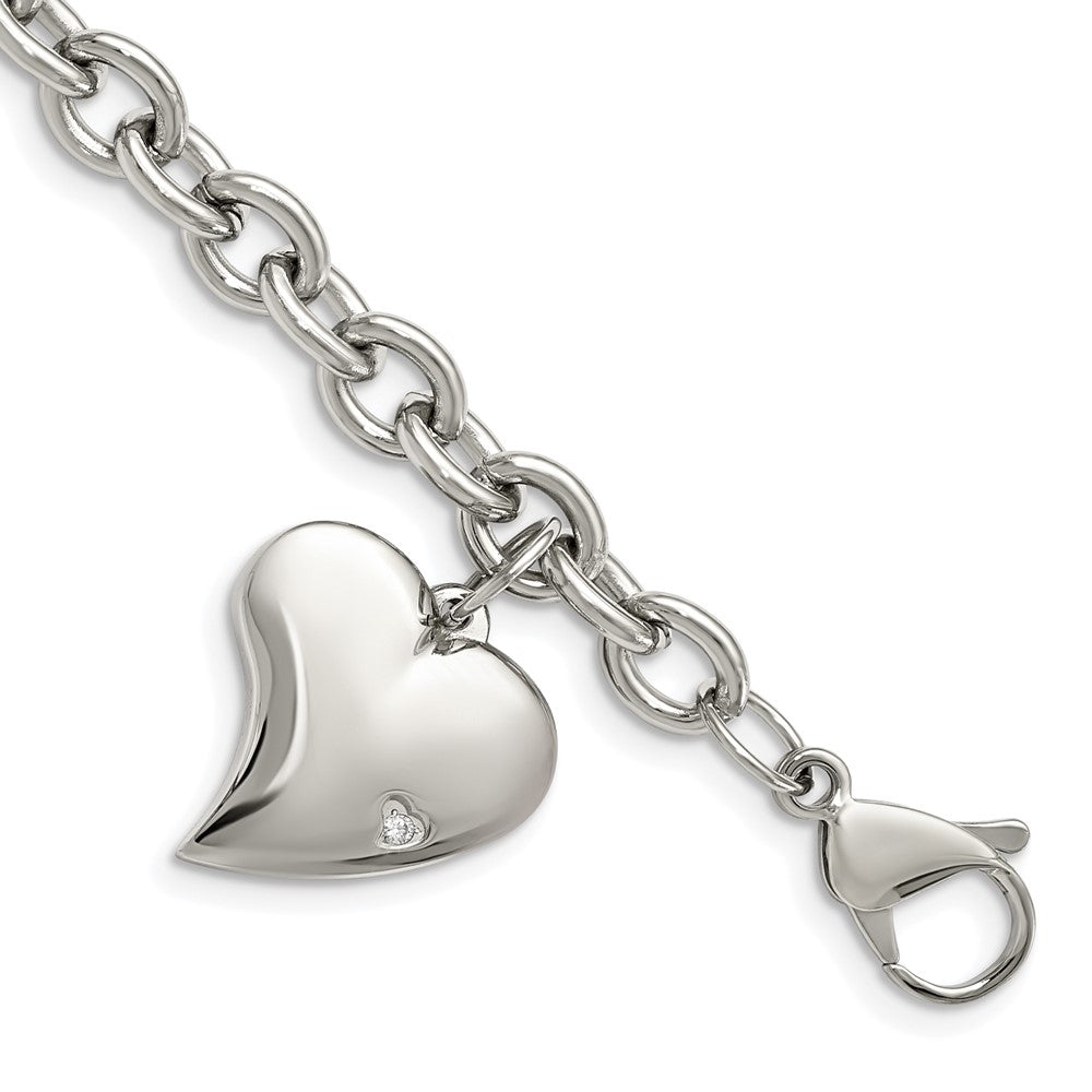 Chisel Stainless Steel Polished Link with CZ Heart Dangle Charm 7.5 inch Bracelet, 7.5 mm
