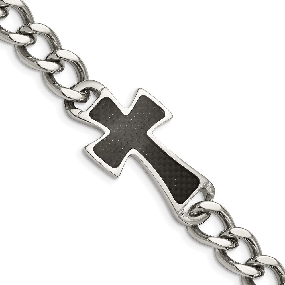 Chisel Stainless Steel Polished with Black Carbon Fiber Inlay Cross 8.5 inch Bracelet, 8.5 x 10 mm