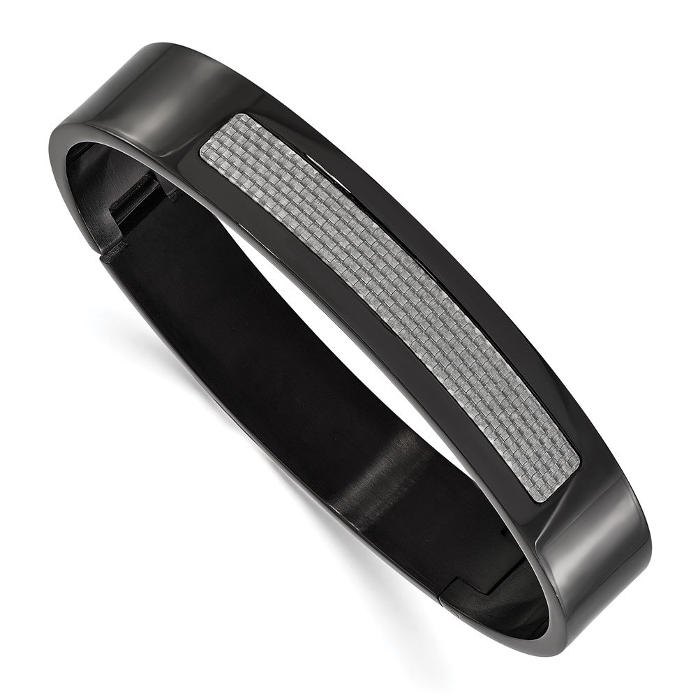 Stainless Steel Black IP-plated Grey Carbon Fiber Hinged Bracelet, 7 x 12 mm