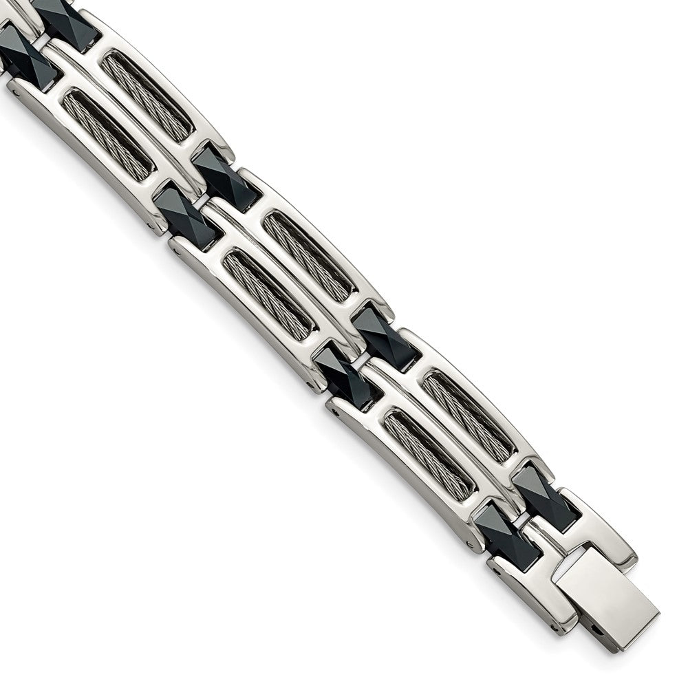 Chisel Stainless Steel Polished with Dark Blue Ceramic and Cable Inlay 8.75 inch Link Bracelet, 8.75 x 11 mm