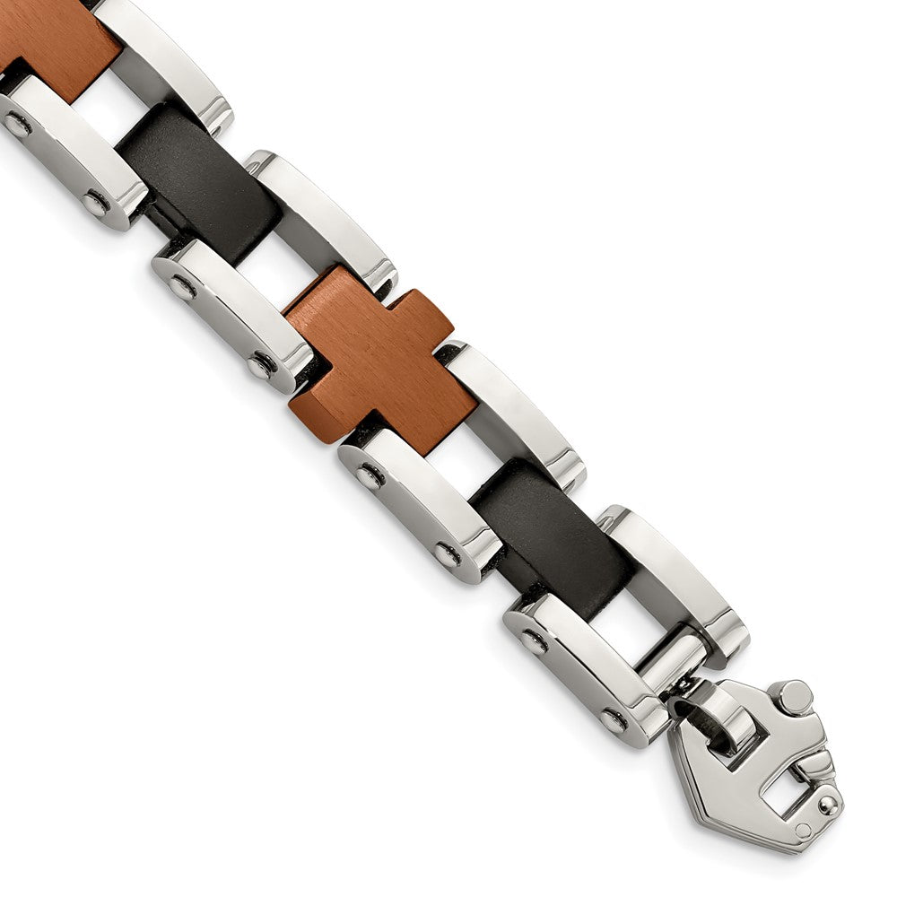 Chisel Stainless Steel Brushed and Polished Black and Brown IP-plated 8.75 inch Cross Link Bracelet, 8.75 x 12 mm