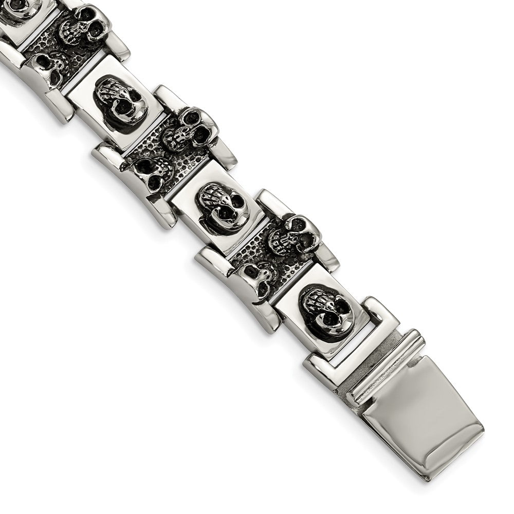 Chisel Stainless Steel Antiqued and Polished Skull Link 8.25 inch Bracelet, 8 x 13 mm