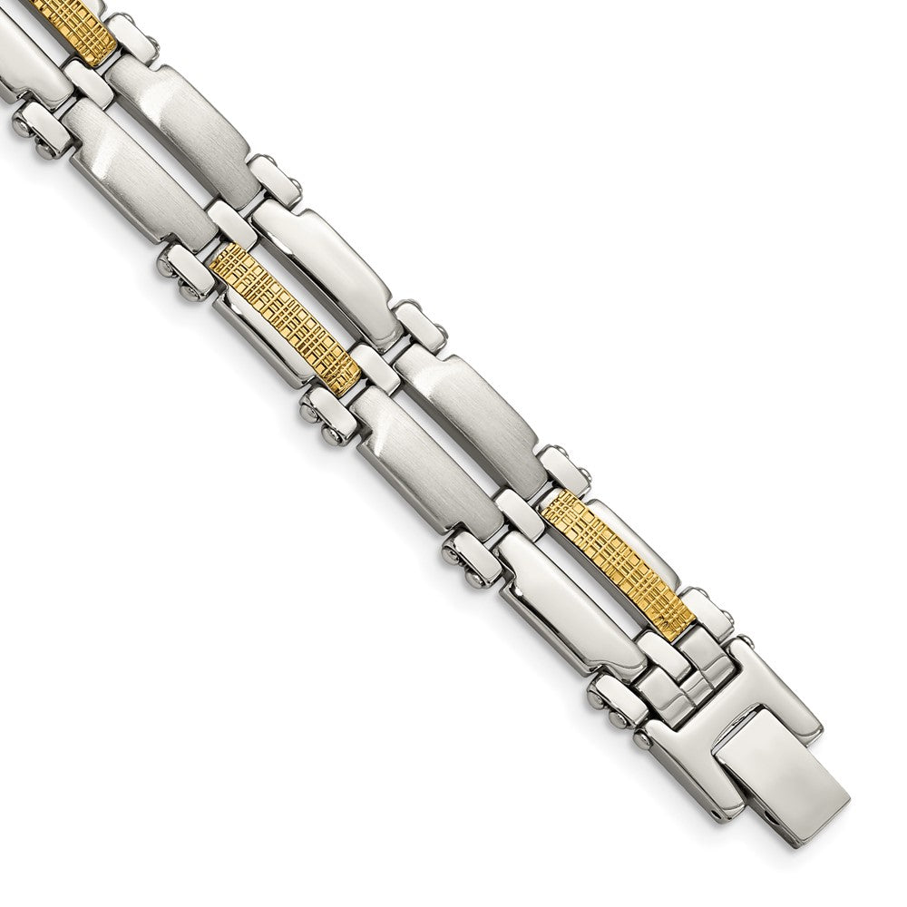 Chisel Stainless Steel with 14k Gold Accent Brushed and Polished  8.5 inch Link Bracelet, 8.5 x 10 mm