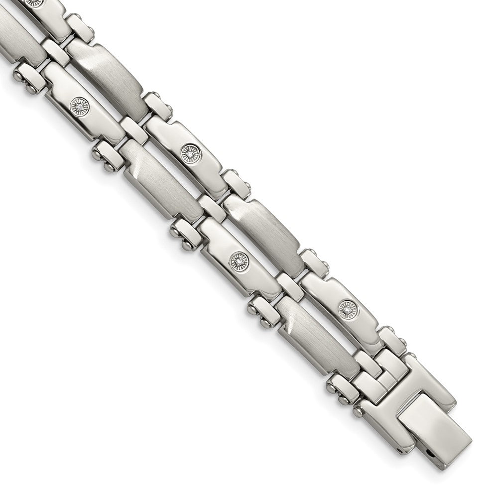 Chisel Stainless Steel Brushed and Polished with Rhodium-plated 14k White Gold and 1/20 carat Diamond 8.5 inch Bracelet, 0.05 ct, 8.5 x 11 mm