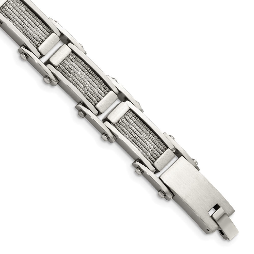 Chisel Stainless Steel Brushed and Polished with Cable Inlay 8.5 inch Link Bracelet, 8.5 x 11 mm
