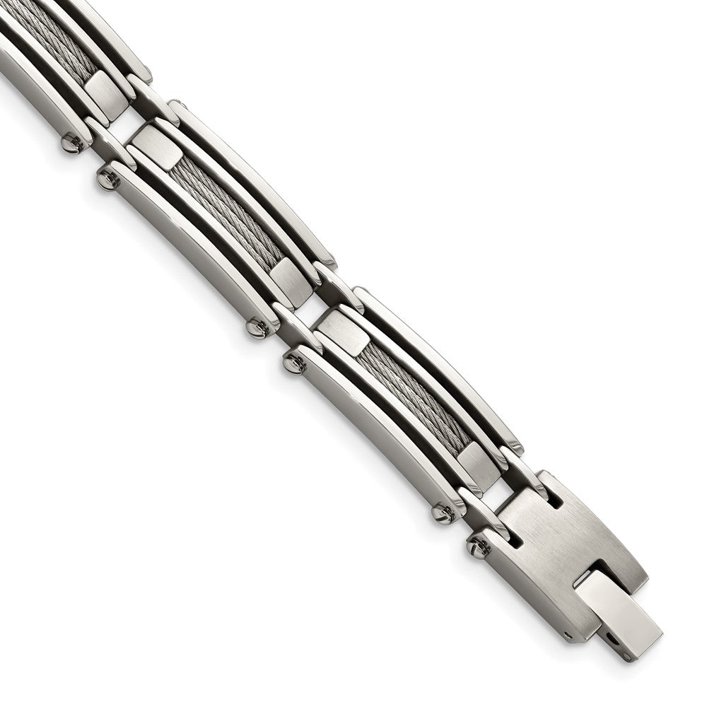 Chisel Stainless Steel Brushed and Polished with Cable Inlay 9 inch Link Bracelet, 9 x 9 mm