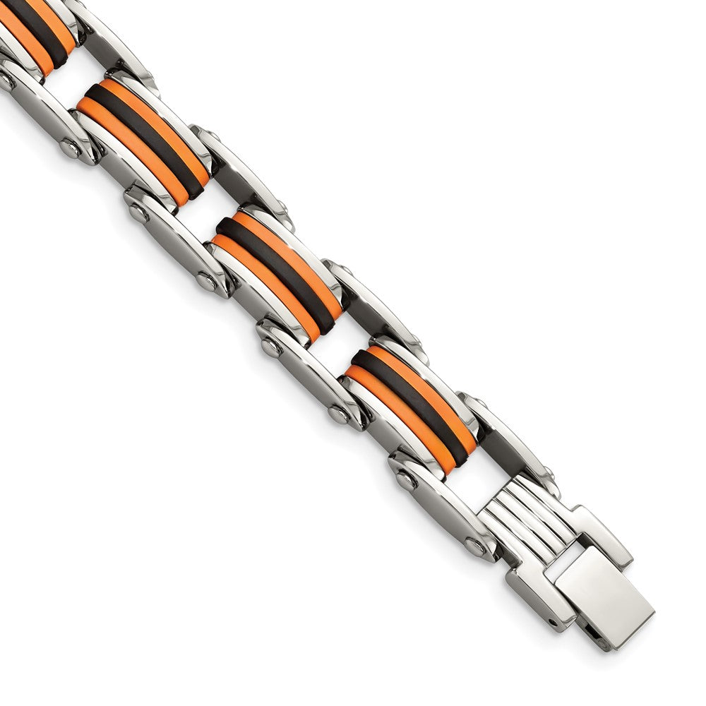 Chisel Stainless Steel Polished with Black and Orange Polyurethane 8.75 inch Link Bracelet, 8.75 x 9 mm