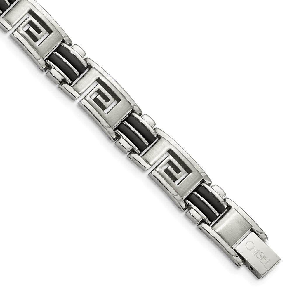 Chisel Stainless Steel Brushed and Polished Black Rubber Inlay Greek Key 8.5 inch Bracelet, 8.5 x 9 mm