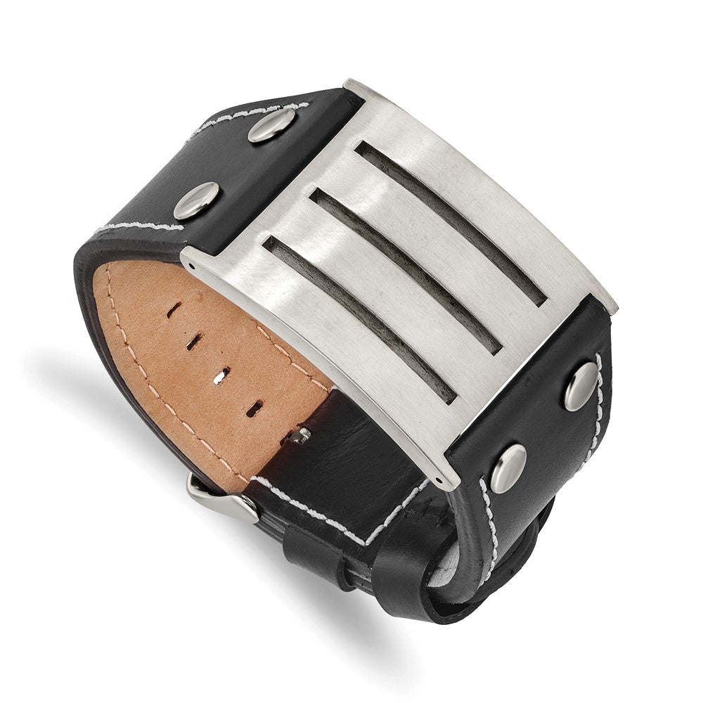 Stainless Steel Brushed Black Leather Adjustable Buckle 8.75in Bracelet, 8.75 mm