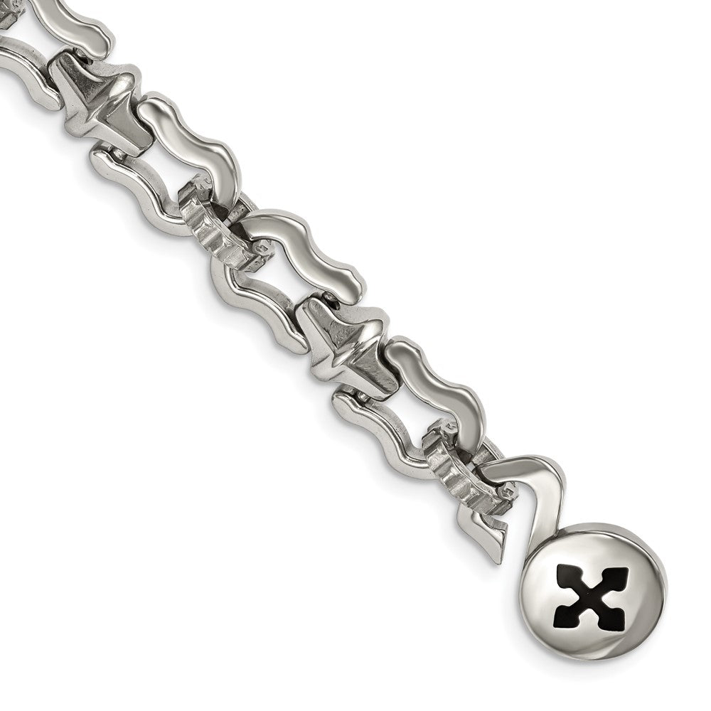 Stainless Steel Polished with Black Rubber Cross 8.5in Bracelet, 8.5 mm