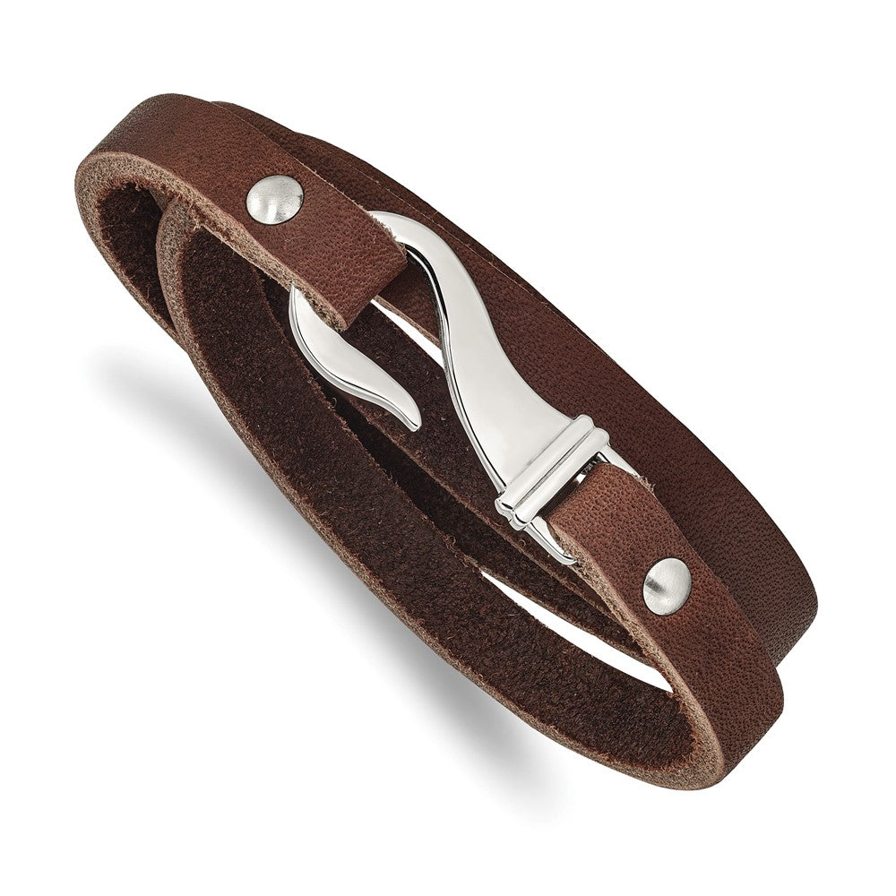 Chisel Stainless Steel Polished Brown Leather 24 inch Wrap Bracelet, 24 x 7 mm