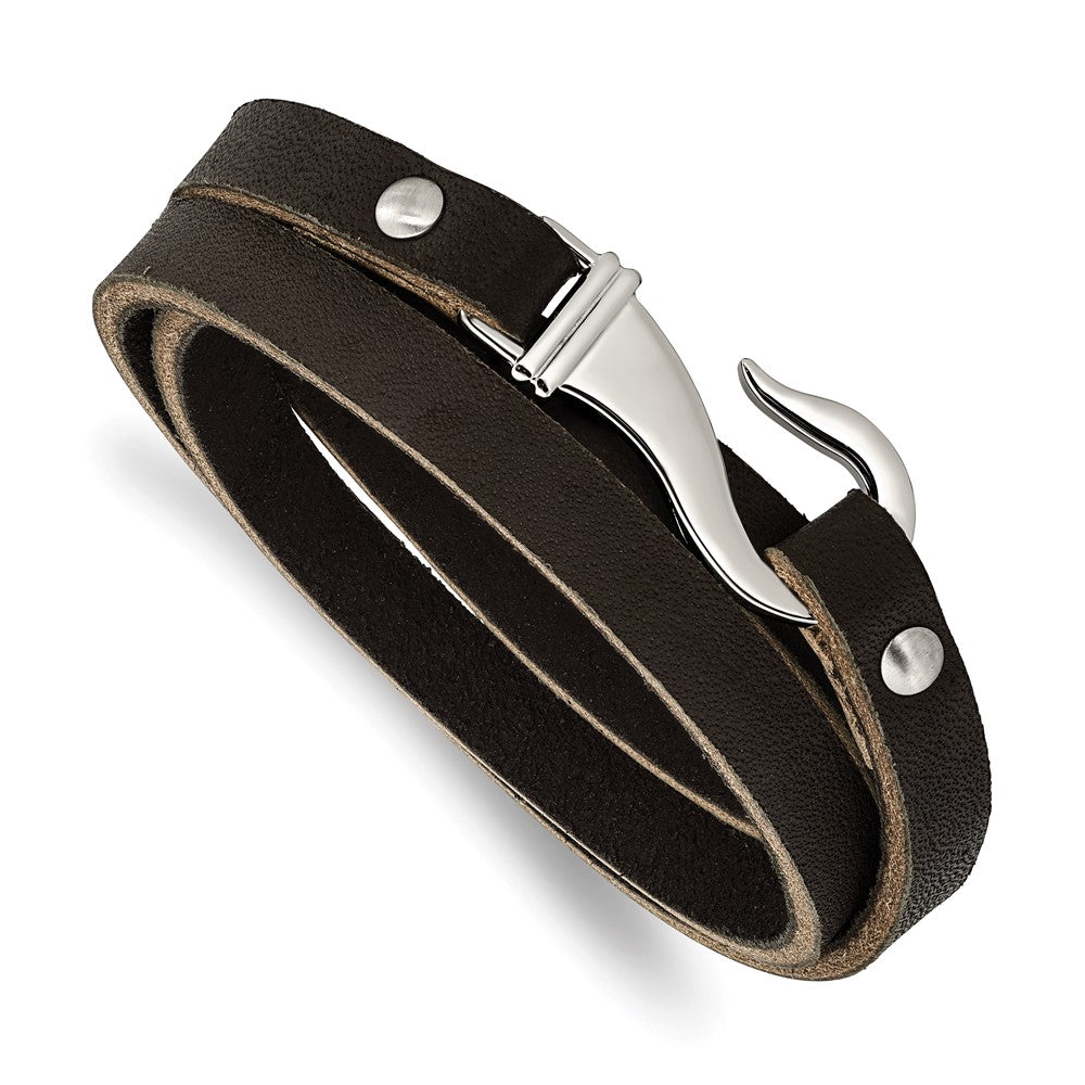Chisel Stainless Steel Polished Black and Brown Leather 24 inch Wrap Bracelet, 24 x 7 mm