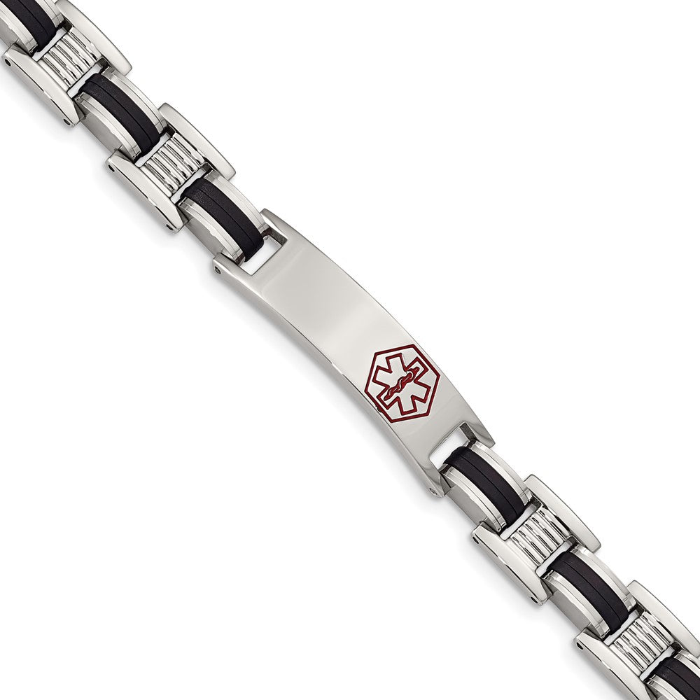 Chisel Stainless Steel Polished with Red Enamel and Black Rubber Medical ID 8 inch Link Bracelet, 8 x 10 mm