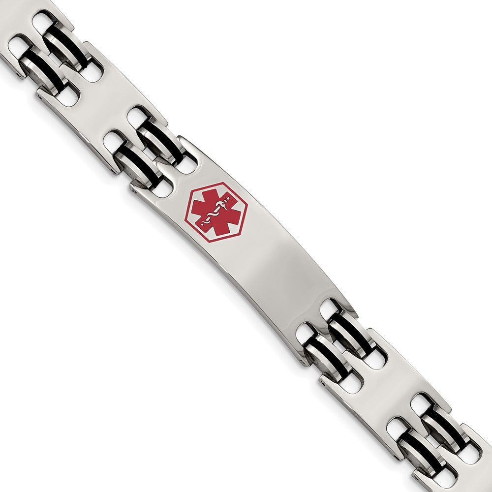 Chisel Stainless Steel Polished with Red Enamel and Black Rubber Medical ID 8.25 inch Bracelet, 8.25 x 12 mm