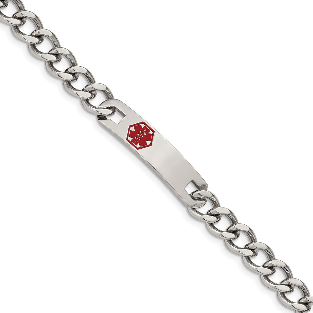 Chisel Stainless Steel Polished with Red Enamel Medical ID 9.5 inch Curb Chain Bracelet, 9.5 mm