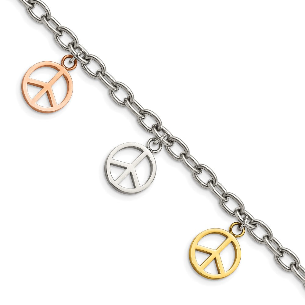 Chisel Stainless Steel Polished Rose and Yellow IP-plated Peace Sign Charms 8.5 inch Bracelet, 8.5 mm