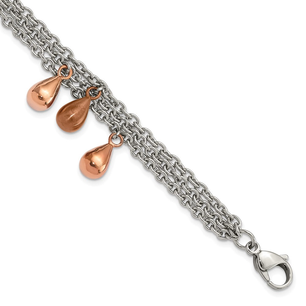 Stainless Steel Rose & Brown IP-plated Teardrops Multistrand Bracelet, 8 mm
