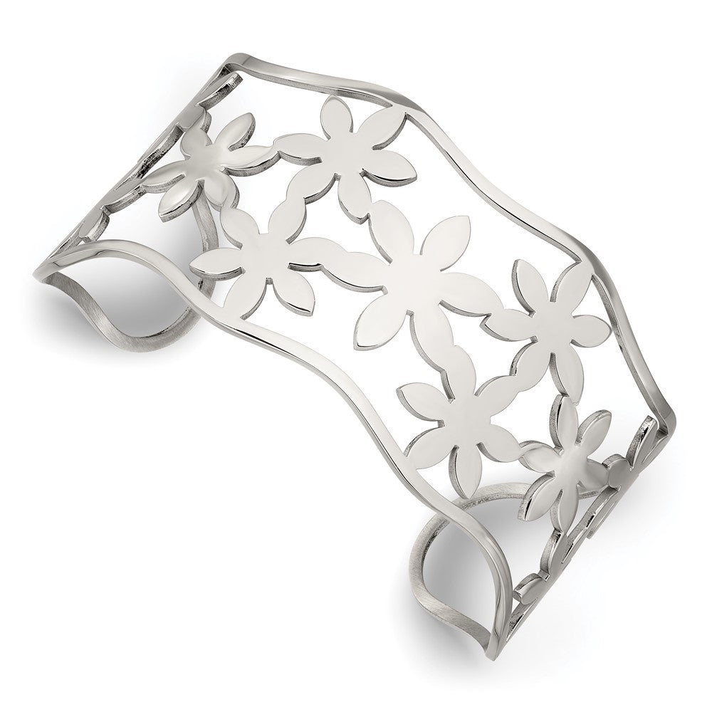 Chisel Stainless Steel Polished Flowers Cuff Bangle, 7 x 35 mm