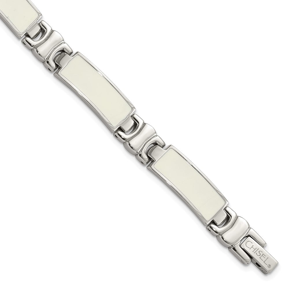 Stainless Steel Polished White Enamel Link Bracelet, 7.5 x 8.5 mm