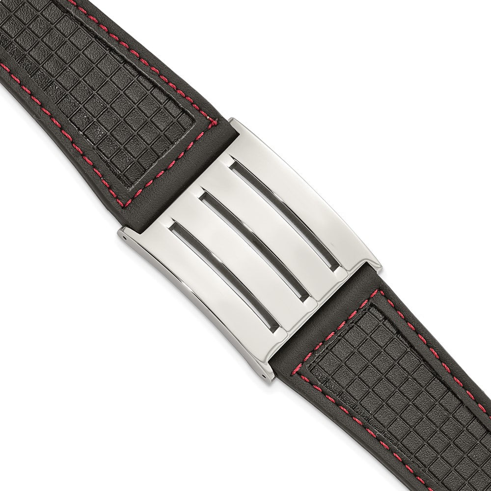 Stainless Steel Black Leather w/ Red Trim Polished Buckle Bracelet, 9.25 mm