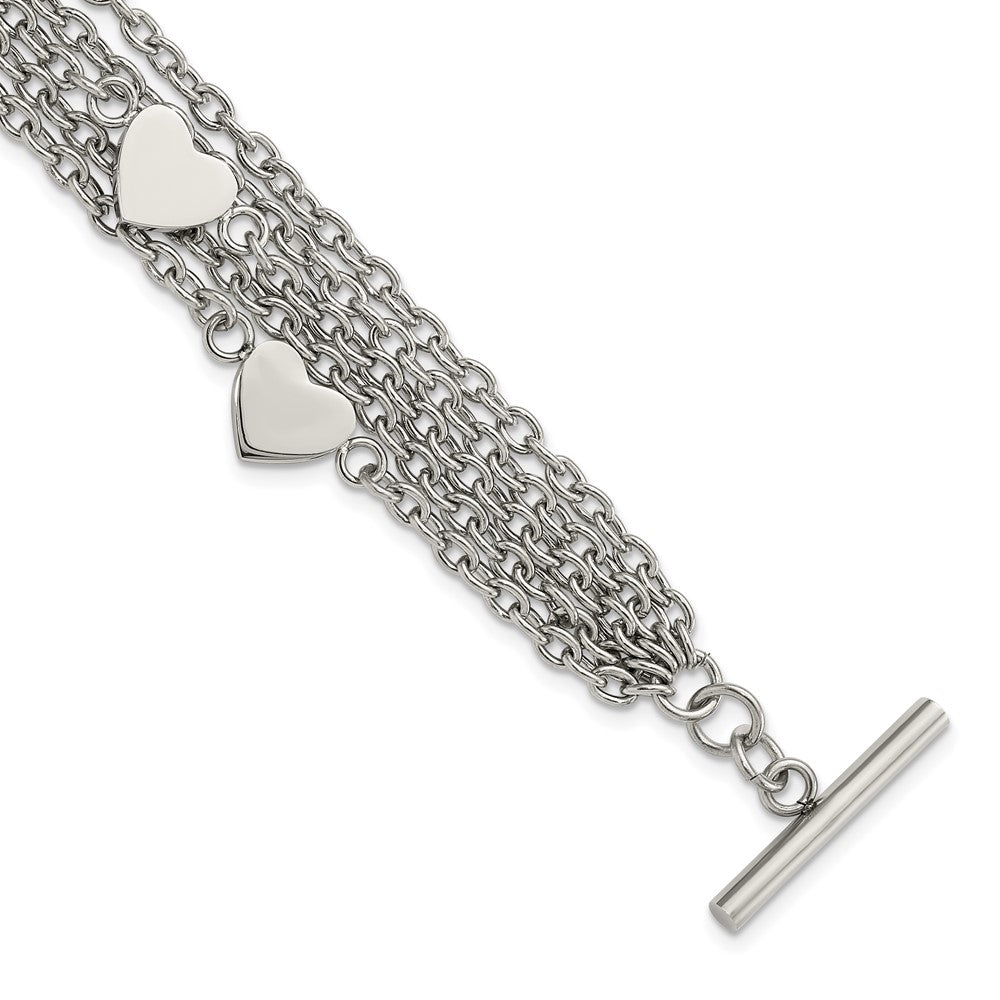 Stainless Steel Polished Multistrand Hearts Chain Toggle Bracelet, 8 x 23.2 mm