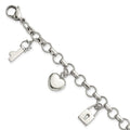 Stainless Steel Rose IP-plated Polished CZ Heart, Lock & Key w/ 1in ext Bracelet, 8.5 mm