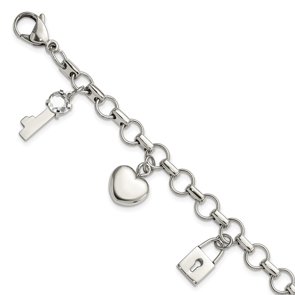 Stainless Steel Rose IP-plated Polished CZ Heart, Lock & Key w/ 1in ext Bracelet, 8.5 mm