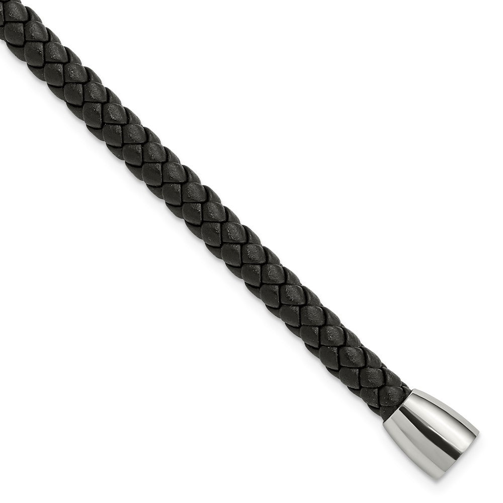 Chisel Stainless Steel Polished Black Braided Leather 8.5 inch Bracelet, 8.5 x 6 mm