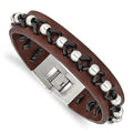 Chisel Stainless Steel Black and Brown Leather with Polished Beads 8.5 inch Bracelet, 8.5 x 16 mm