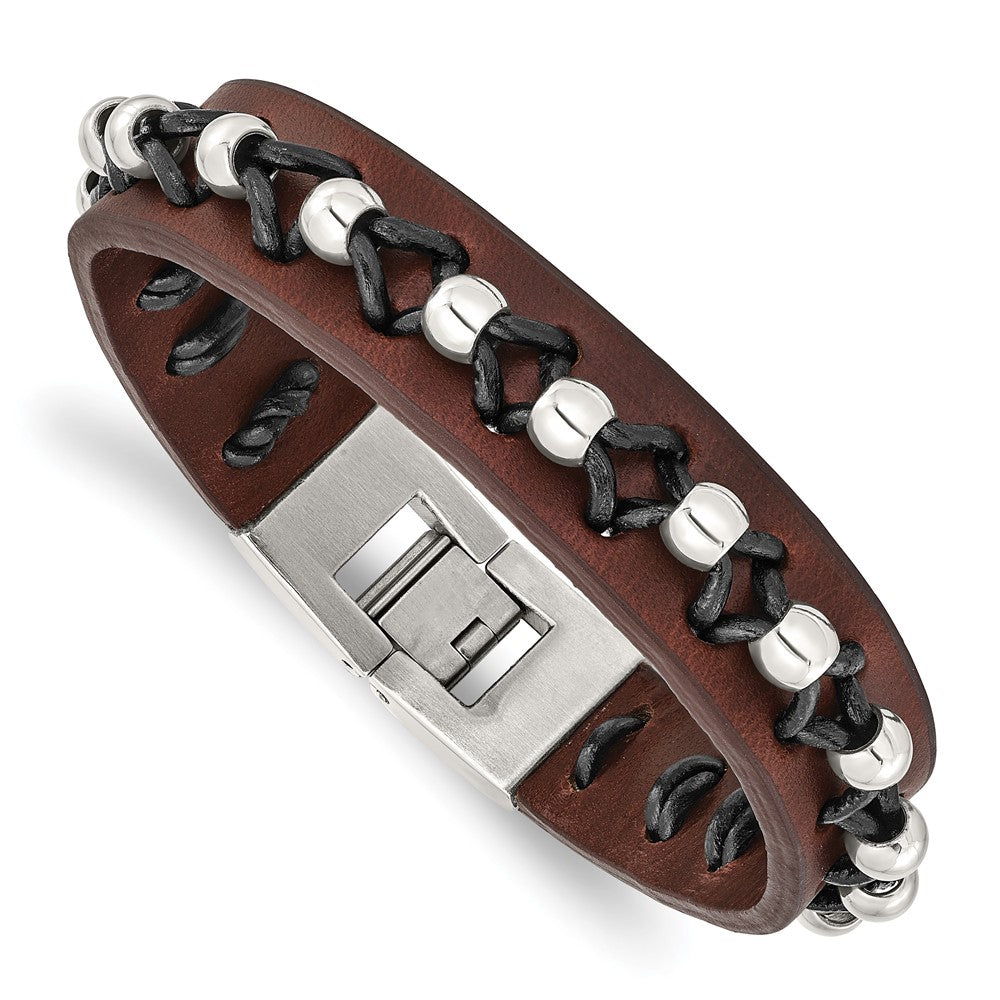 Chisel Stainless Steel Black and Brown Leather with Polished Beads 8.5 inch Bracelet, 8.5 x 16 mm