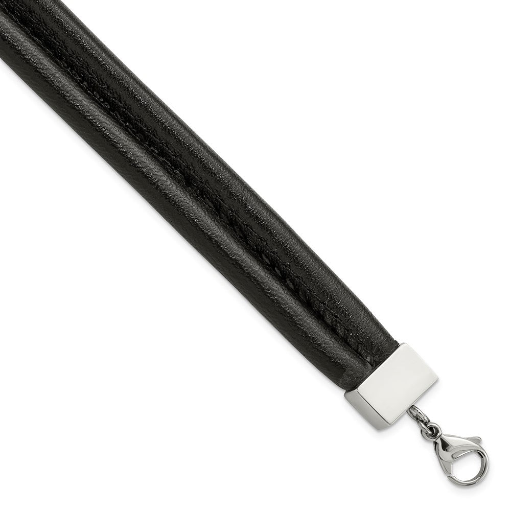 Stainless Steel Polished Black Leather Double Row 8.5in Bracelet, 8.5 mm