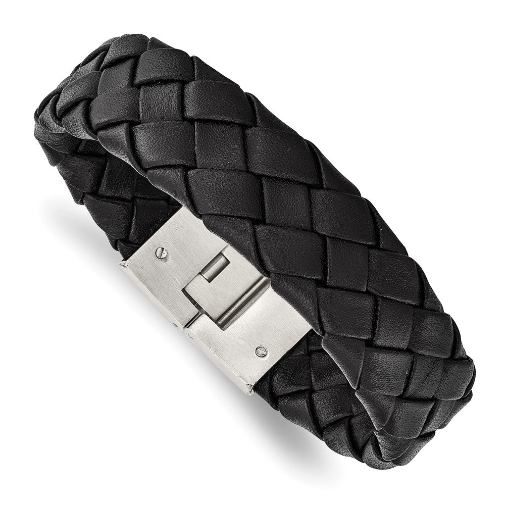 Chisel Stainless Steel Brushed Black Leather 8.5 inch Bracelet, 8.5 x 18 mm