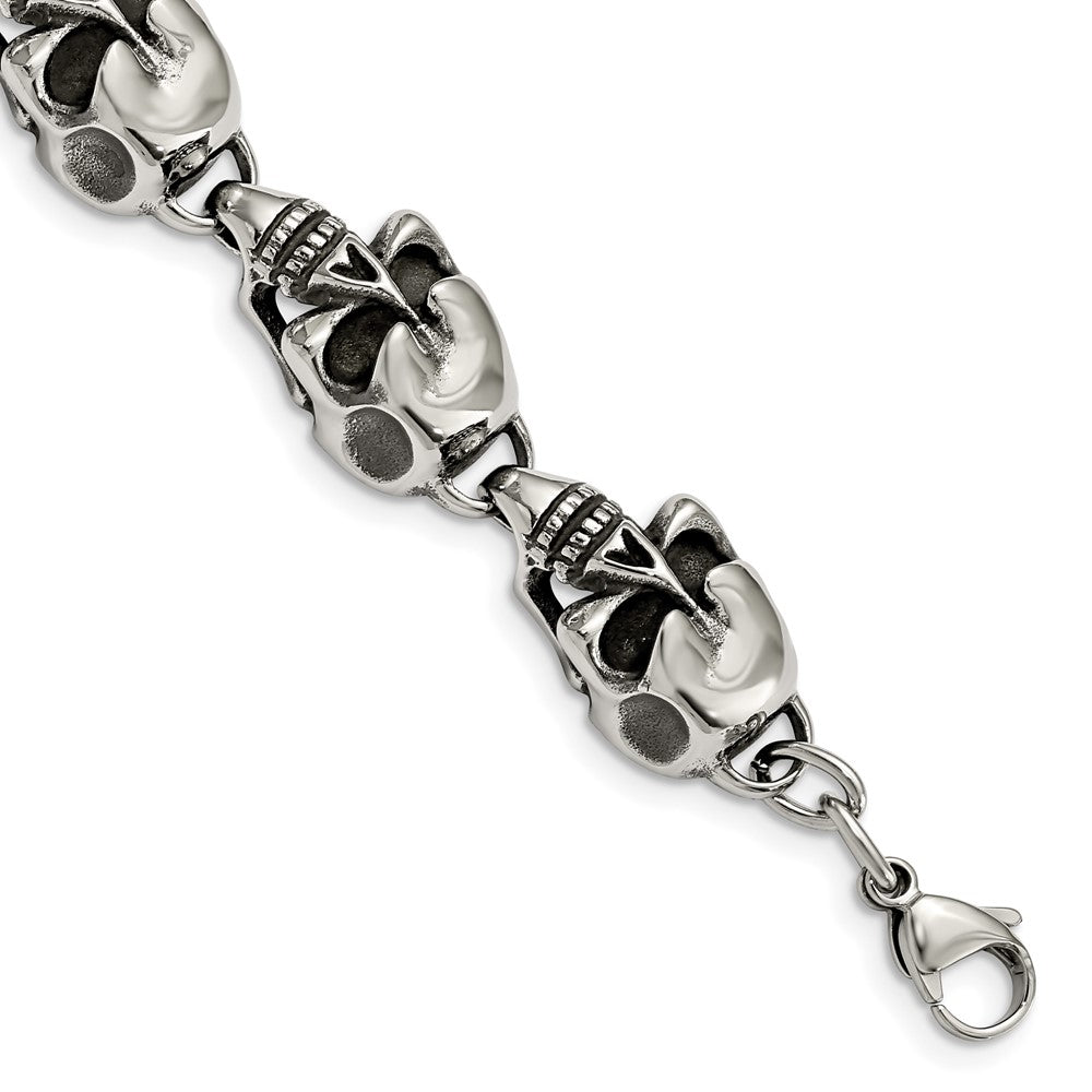 Chisel Stainless Steel Antiqued and Polished Skull Link 8.5 inch Bracelet, 8.5 x 15 mm