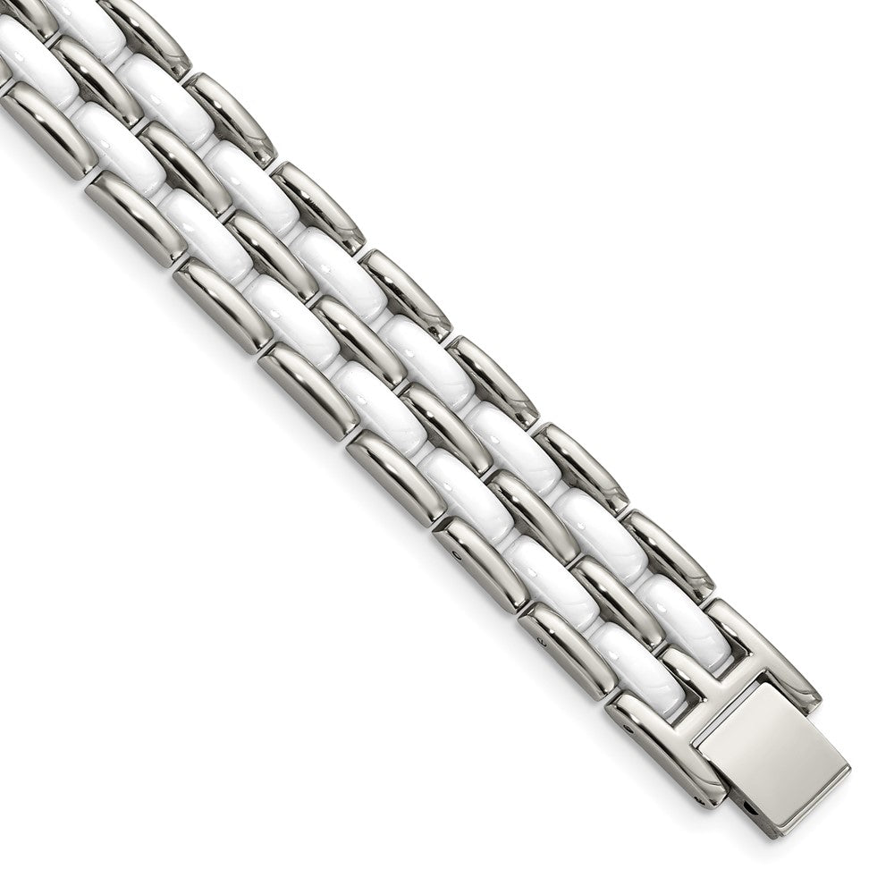 Chisel Stainless Steel Polished with Double Row White Ceramic 8.25 inch Link Bracelet, 8.25 x 12 mm