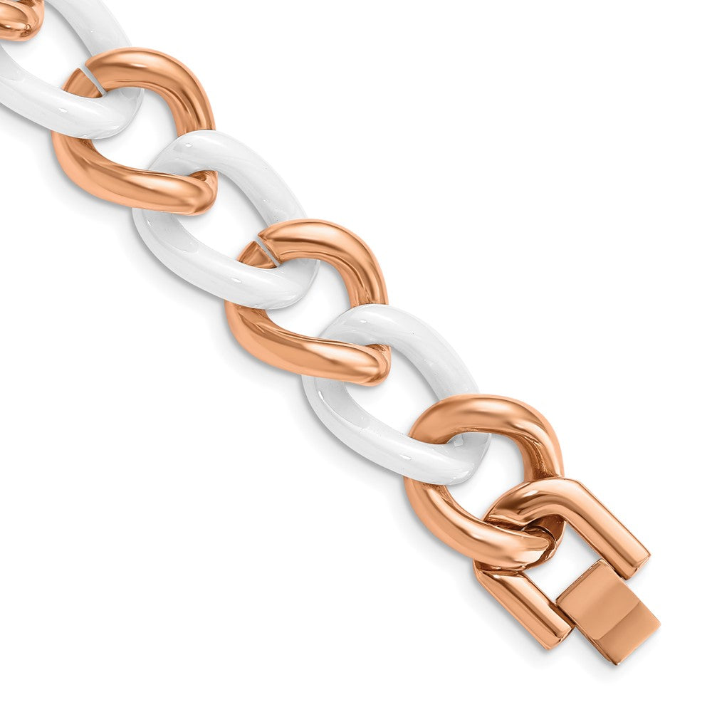Chisel Stainless Steel Polished Rose IP-plated with White Ceramic 8.25 inch Open Link Bracelet, 7.5 x 15 mm