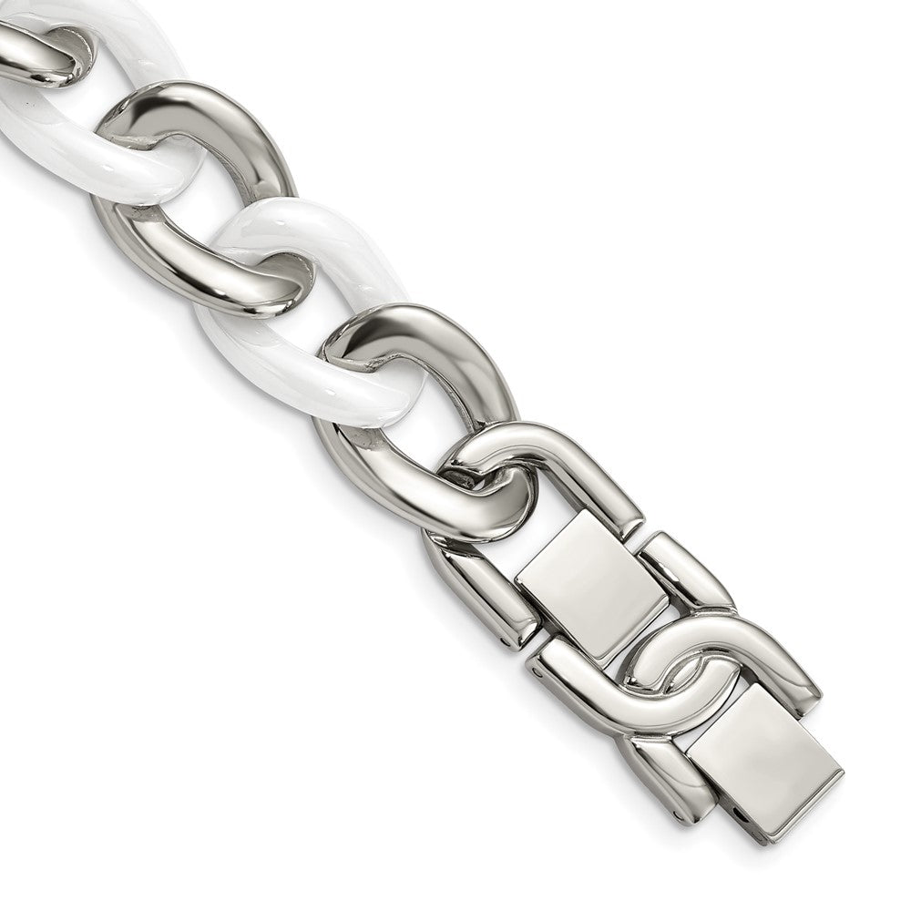 Chisel Stainless Steel Polished with White Ceramic 7.5 inch Curb Link Bracelet with 1 inch Extension, 7.5 x 15 mm