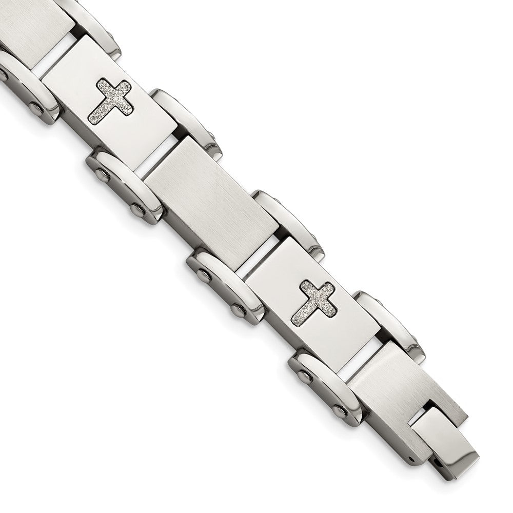 Chisel Stainless Steel Brushed Polished and Laser Cut Crosses 8.75 inch Link Bracelet, 8.75 x 12 mm