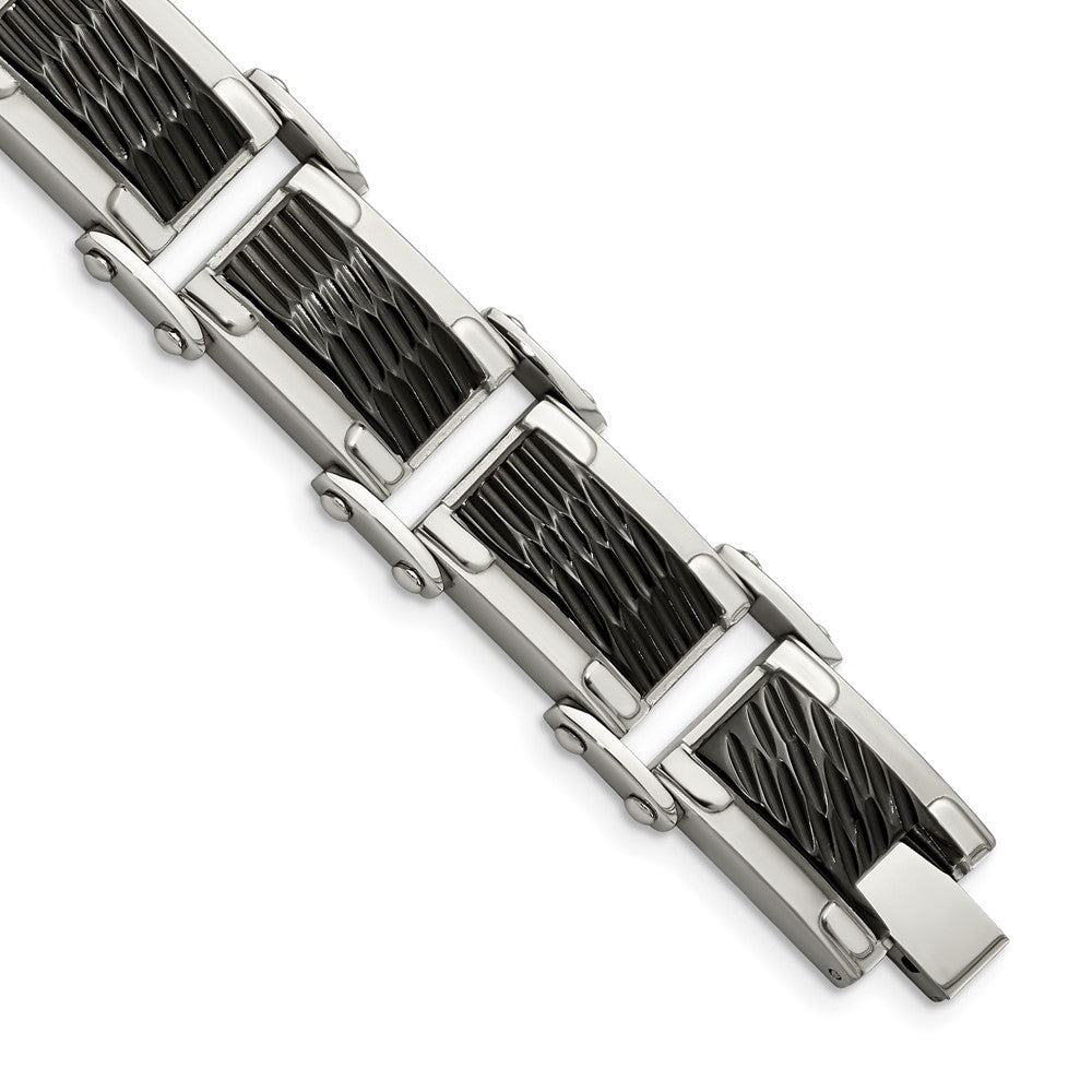 Chisel Stainless Steel Polished and Textured Black-plated 9 inch Link Bracelet, 9 x 16 mm