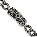 Chisel Stainless Steel Antiqued and Polished with Black Agate 9 inch Fancy Link Cross Bracelet, 9 x 17 mm