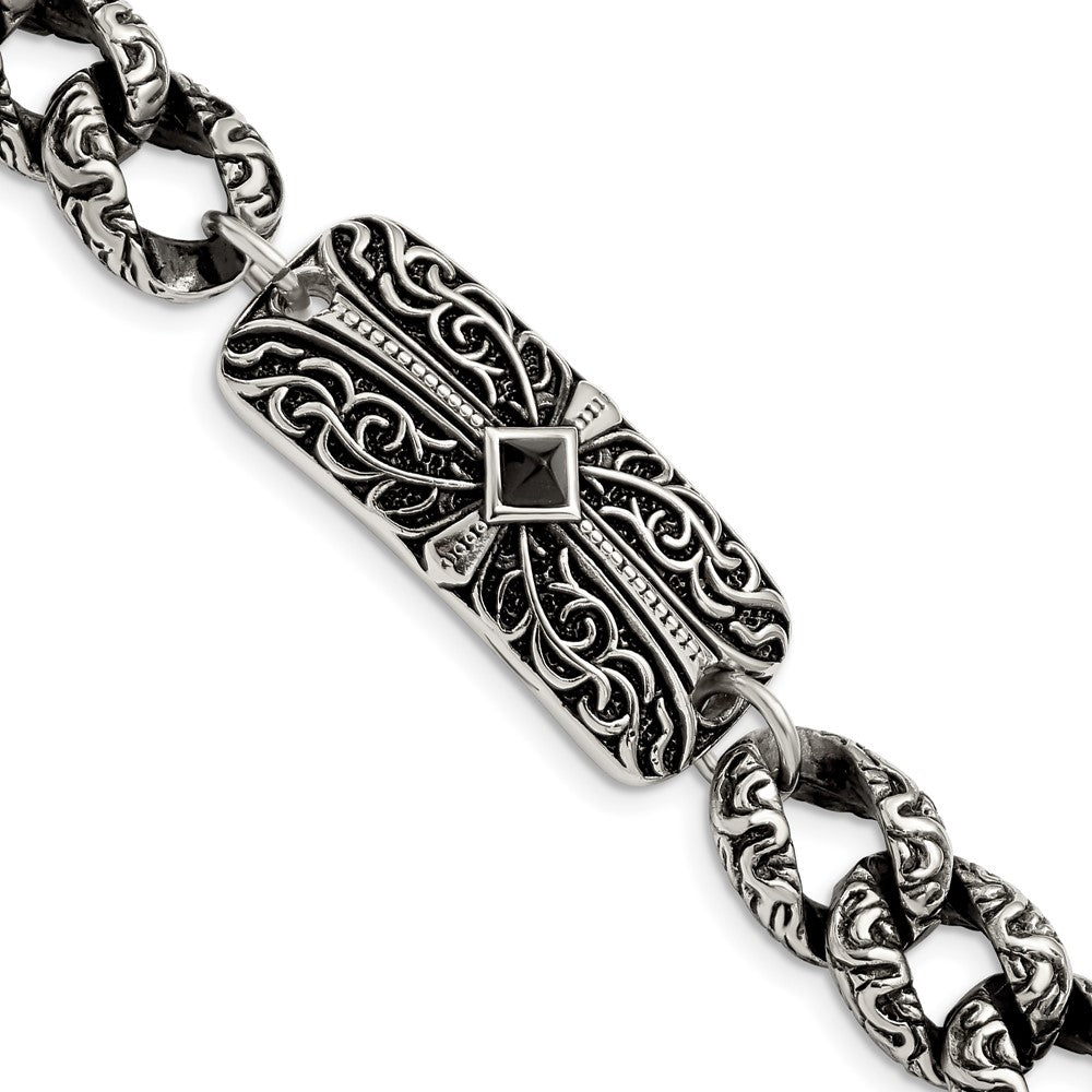 Chisel Stainless Steel Antiqued and Polished with Black Agate 9 inch Fancy Link Cross Bracelet, 9 x 17 mm