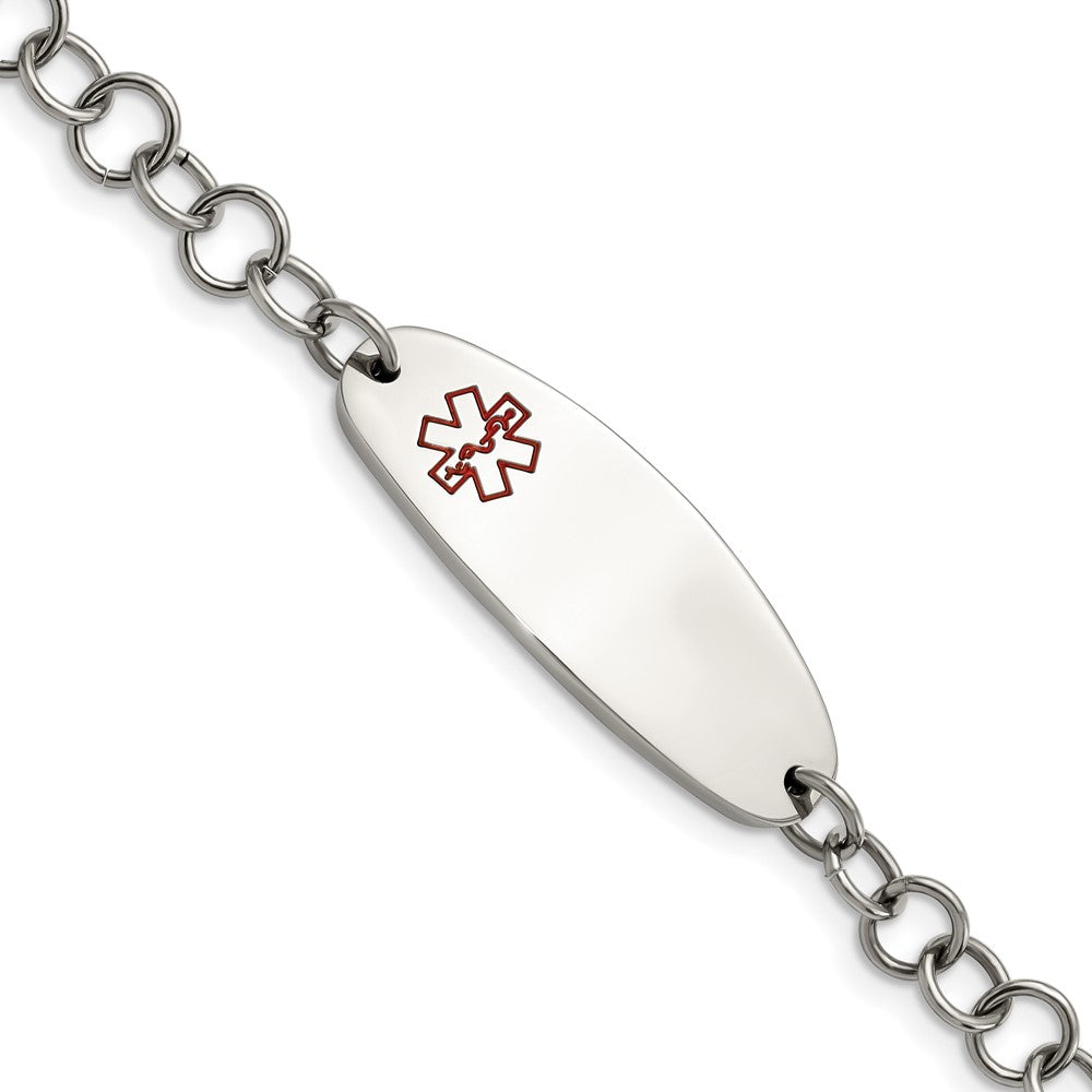 Chisel Stainless Steel Polished with Red Enamel Medical ID 7.25 inch Open Link Bracelet, 7.25 mm