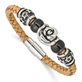 Stainless Steel Brushed & Polished Black IP Beads Leather 7.5in Bracelet, 7.5 x 11 mm