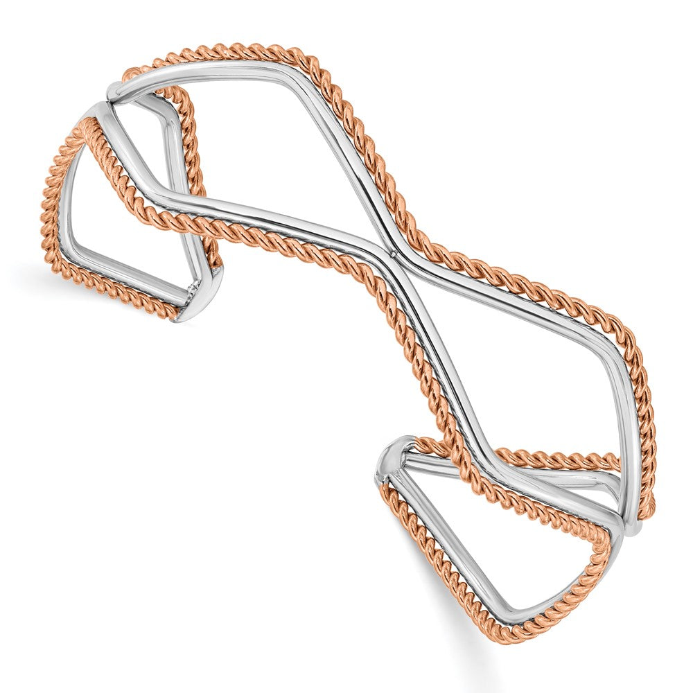 Stainless Steel Polished and Textured Rose IP-plated Cuff Bangle, 4 mm