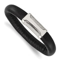 Stainless Steel Polished and Textured Black Leather 8.5in Bracelet, 8.5 x 14 mm