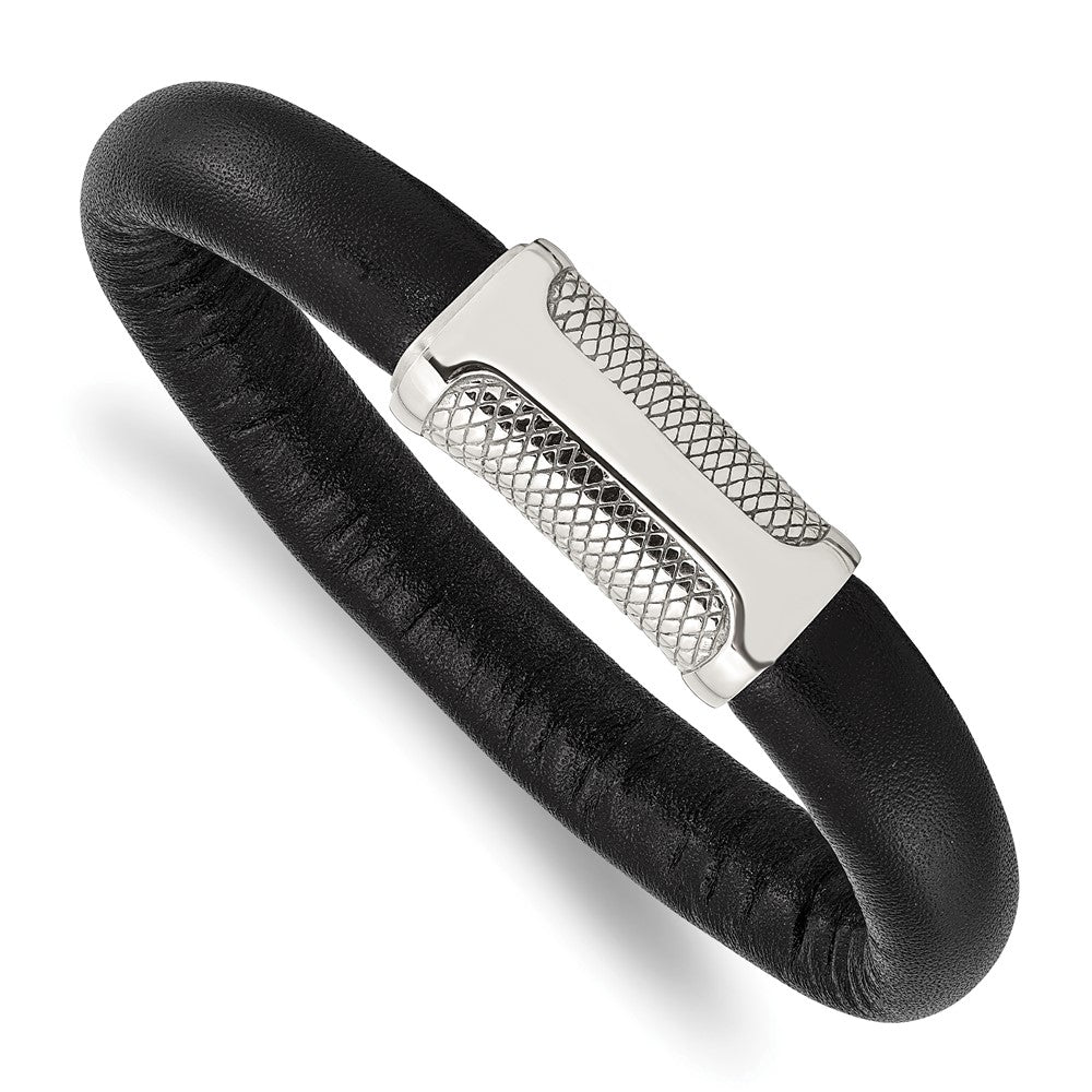 Stainless Steel Polished and Textured Black Leather 8.5in Bracelet, 8.5 x 14 mm