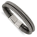 Stainless Steel Polished & Black Leather 8.5in Bracelet, 8.5 x 15 mm