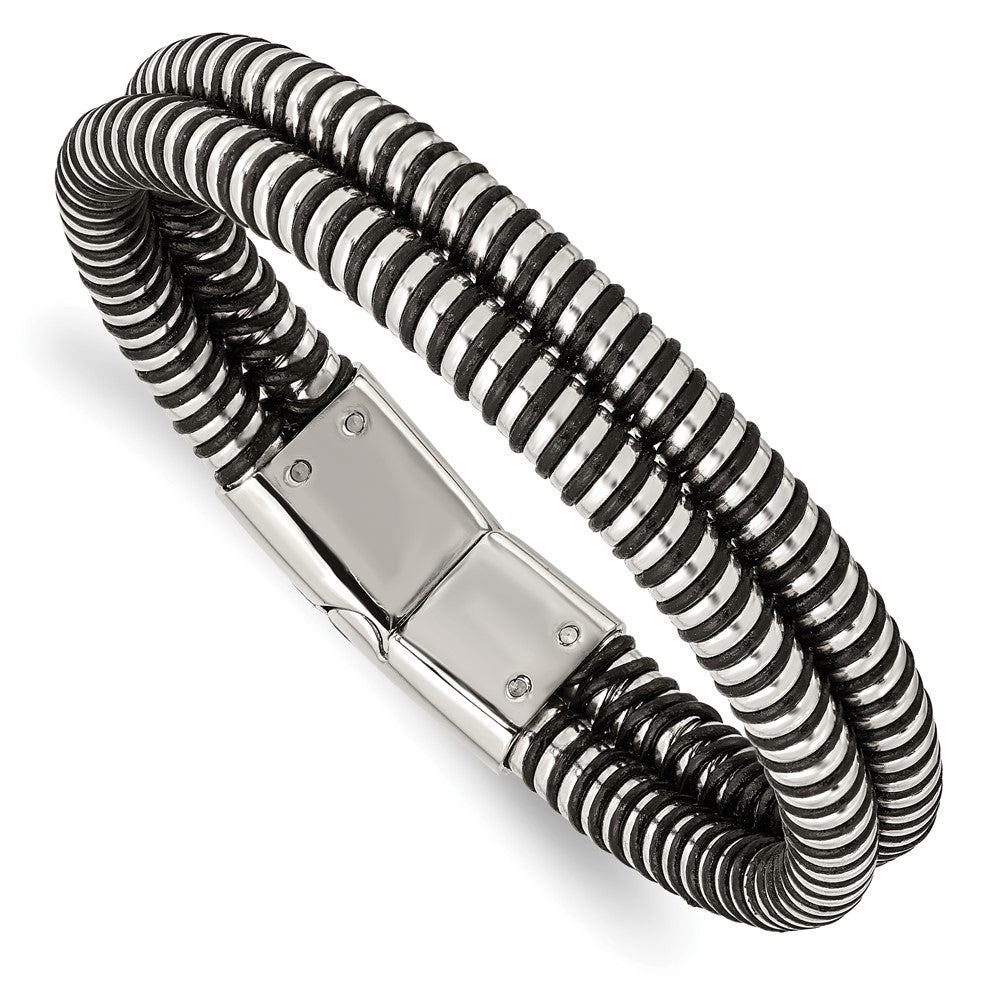 Stainless Steel Polished & Black Leather 8.5in Bracelet, 8.5 x 15 mm